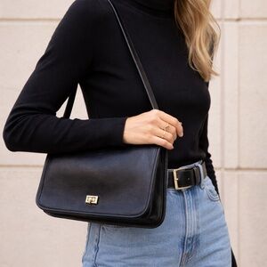 Vintage Black Leather Turnlock Shoulder Bag | 90s Classic | First Edition